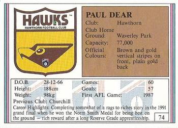 1992 AFL Regina #74 Paul Dear Back